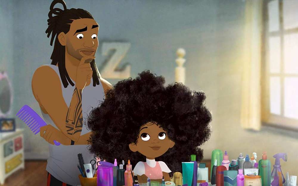 an animated picture showing a kid at a natural hair salon